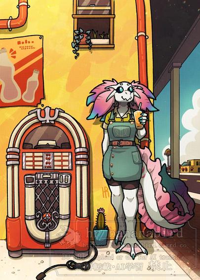 Digital art of an anthropomorphic axolotl lady named Kawane, standing and leaning against a yellow building wall with red drainpipes, a window and posters. She is drinking a cup of orange juice and is standing next to an old red jukebox.
