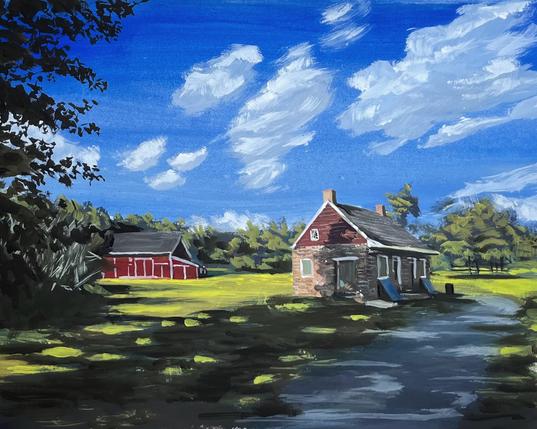 A painting of a sunny rural landscape with a small brick and wood house in the foreground, casting shadows on a dirt path. Behind it, across a bright green field, stands a large red barn. The sky is vivid blue with scattered, wispy white clouds. Trees frame the scene on the left and background.