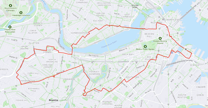 Map of Boston with a red line coursing about showing a group skate circouit of about 15 miles.
