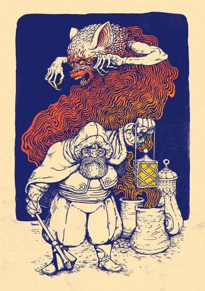 Fantasy illustration of a bearded guy holding a mace and a lantern, a bat-like ghost emerges behind him from some ceramic pots.