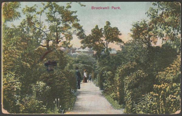 Printed colour postcard showing a view of Brockwell Park between Herne Hill, Brixton and Dulwich in South London.

Publisher not stated, not numbered.

Postally used on 1 November 1907 with London cancellation on two green halfpenny stamps and sent to Miss Anne Nye, South Common, Lynn, Massachusetts, USA.

Fairly good condition, with some corner wear, but light crease to top left corner.