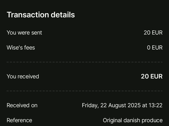 Transfer details of €20 for "original Danish produce"