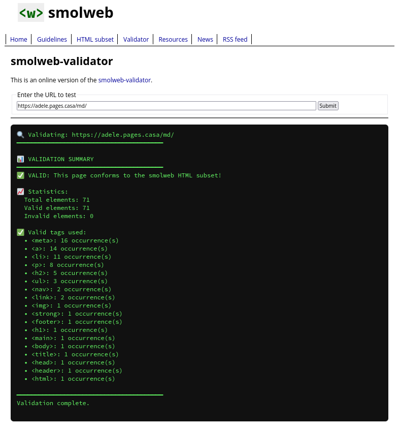A screenshot of the online tool testing my blog url. It shows that it is conform to smolweb specs.