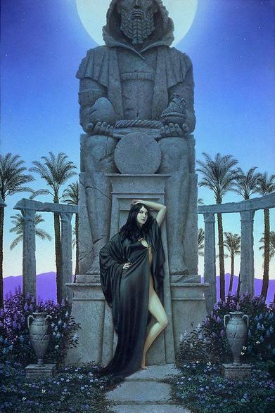 A raven haired seductress leans against an enormous statue backed by twilight blue sky. One hand rests on her cocked hip while her opposite knee flares out. The drape of her gown, cinched high at two clasps, covers one side of her body entirely, while her other arm posed casually overhead draws up the fabric of her gown to offer a tantalizing glimpse of alabaster skin. Bent at the knee, her leg offers pale contrast through the long slit in the black silk. The line of flesh exposed climbs the bare curve of her hip over midsection and up her torso. Dark eyes glance sideways at the audience in a cool gaze. Her eyelids and lips—the only color on her—are painted royal purple to match the flowers growing at the base of the statue. Barefoot she stands not quite at knee height of the man depicted in weathered stone behind her. The full moon frames his face which cuts off at his cheeks. His beard is braided. He holds in his hands an egg and a cracked urn.