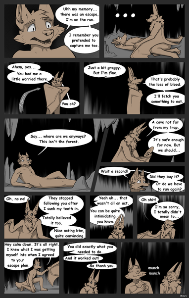 Digital mostly monochrome comic page. The fox and bat talk with each other and reveal they are allies rather then enemies.