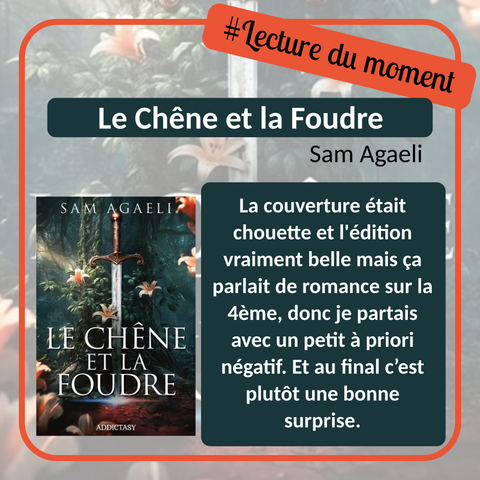 Visuel réalisé à partir de la couverture du livre « Le Chêne et la Foudre » de Sam Agaeli. 
Sur le visuel on voit donc le titre du livre, le nom de l'auteur, la couverture, le hashtag #lecturedumoment et le texte du pouet.