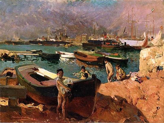 Tableau de Joaquín Sorolla représentant un bord de mer rocheux avec des baigneurs et des barques
