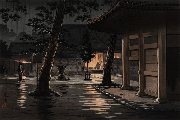 A dark, rainy evening at Sengaku-ji, in Tokyo. A female figure and a child approach the temple; she is carrying a bamboo umbrella over their heads with one hand, and a lit lantern suspended from a pole in the other. Up ahead, another figure is closing their umbrella as they climb a short series of steps leading into a temple building. A pair of tall wiry trees stand in the foreground, near another temple building; the courtyard is slick with rain, reflecting and scattering light from the woman's lantern and the interior of the temple. Above, the sky is dark and overcast, and rain continues to fall across the scene.