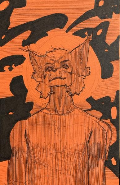 An anthropomorphic lynx seen from the front, looking of in the distance. Their eyes are filled with TV static
The background is some abstract design inspired by Jack Kirby comic designs