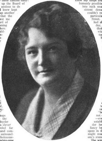 Ora Hanson Snyder, from a 1919 publication; a white woman with wavy short hair, in an oval frame