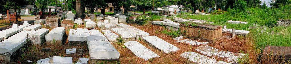 Dozens of crypts, in various stages of descent and rise