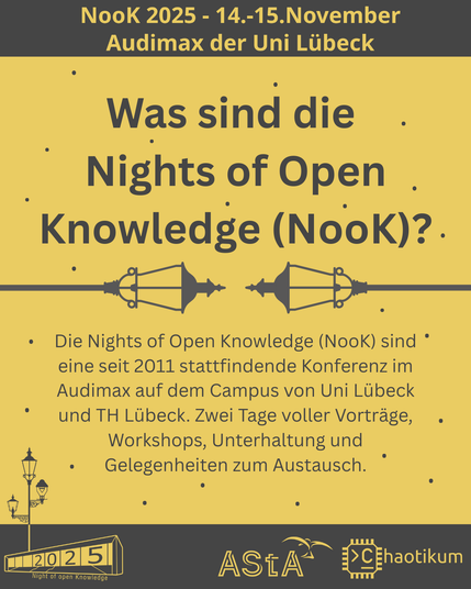 Oben steht "NooK 2025 - 14.-15.November - Audimax der Uni Lübeck".
Groß in der Mitte ist die Frage "Was sind die Nights of Open Knowledge (NooK)?" geschrieben. Darunter steht "Die Nights of Open Knowledge (NooK) sind eine seit 2011 stattfindende Konferenz im Audimax auf dem Campus von Uni Lübeck und TH Lübeck. Zwei Tage voller Vorträge, Workshops, Unterhaltung und Gelegenheiten zum Austausch." Im Hintergrund sind durch Punkte Sterne angedeutet. Frage und Text sind mit zwei Gaslaternen getrennt.
Unten im Bild ist das Logo der NooK, das Uni-Luebeck-Audimax mit einer 2025 auf den Glasfenster und eine Laternenstange mit drei Gaslaternen. Daneben das Logo des AStA der Uni Lübeck und des Chaotikums.