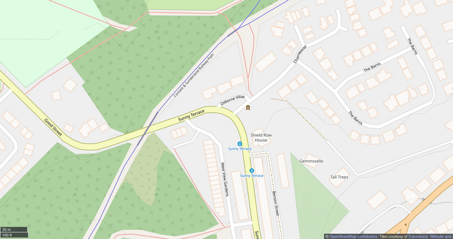 An OpenStreetMap image of Sunny Terrace showing the Consett & Sunderland Railway Path behind what's now know as Osborne Villas. A bus stop icon is also seen on Sunny Terrace in the approximate location of the one seen in the 1950 photo.