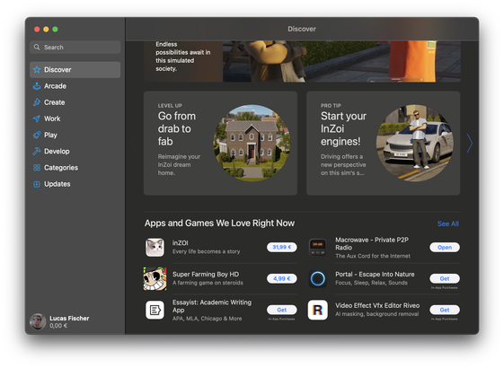 A screenshot of the Mac App Store Discovery tab with Macrowave in the Apps and Games We Love Right Now section.