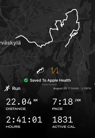 22.04km run on map, avg pace 7:18, hours 2:41, 1831 kcal burnt