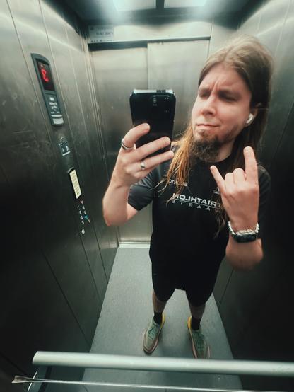 Rolle in the elevator showing sign of the horns proudly after run