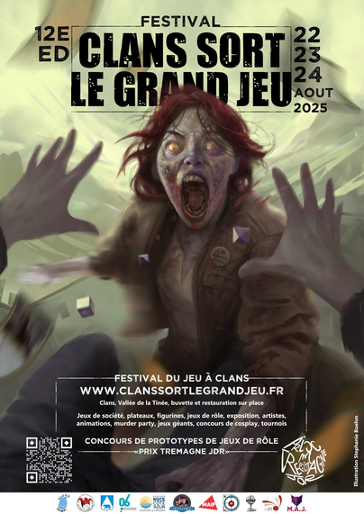 Affiche avec un terrifiante femmes zombie qui va se jeter sur une table de rôlistes !!
