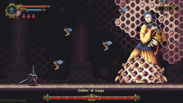 A mockup in the style of the video game Blasphemous. The player is facing the Mother of Wasps boss, a huge pale woman clad in a yellow-black dress carrying a wasp in her arms. The lower part of her body is a cone with holes in it form which yellow arms stretch.
Little wasps with angel wings and cherub faces flutter through the air, hatching from a wall beind the boss.