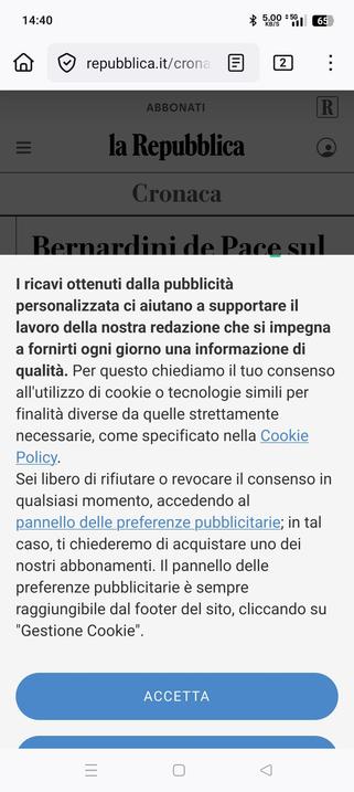 I ricavi ottenuti dalla pubblicità personalizzata ci aiutano a supportare il lavoro della nostra redazione che si impegna a fornirti ogni giorno una informazione di qualità. Per questo chiediamo il tuo consenso all'utilizzo di cookie o tecnologie simili per finalità diverse da quelle strettamente necessarie, come specificato nella Cookie Policy.
Sei libero di rifiutare o revocare il consenso in qualsiasi momento, accedendo al ; in tal caso, ti chiederemo di acquistare uno dei nostri abbonamenti. Il pannello delle preferenze pubblicitarie è sempre raggiungibile dal footer del sito, cliccando su "Gestione Cookie".