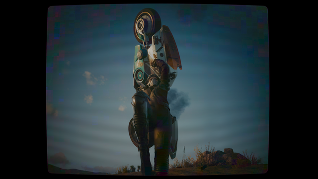 A sleek female looking person with a sort of skintight motorcycle racing suit and a weird half open almost skull looking helmet. Seemingly grabs the bike from the previous picture and tried to slam it onto the viewer, lifting the bike with her back over her head.

This clearly must be the chromed up Cyberpsycho.