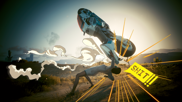 Basically the first picture but this time no painted corners and the ground is down at the bottom.

The lady from the first picture doing her matrix move dodging the now clearly airborne motorcycle. The comic like dust trail implies how fast the bike must have been thrown, a part of the bike almost hits the lady at her head, yellow comic book rays expend from that detail and a big, rectangular, yellow speech bubble with two exclamation marks after the bubble states a loud shout, the word shit is written in capitalized letters