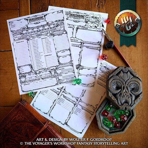A photo showing my custom Dragonbane character sheets with a hand carved wooden dice box created by yours truly!