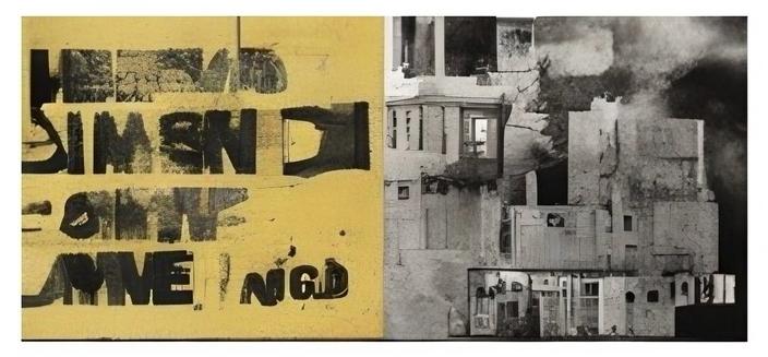 The image features a split composition. On the left side, there is a bold, yellow background with large, black text that appears to be partially obscured or distressed. The text has a rough texture, suggesting it may have been painted or printed with a stencil. On the right side, the background transitions to a monochromatic palette, showcasing a collage of various architectural elements. These elements include fragmented buildings, windows, and walls, arranged in a seemingly haphazard manner. The structures are depicted in shades of gray and black, with some areas appearing to be shadowed or blurred.