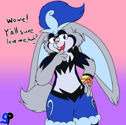 A blue Cinderace looking at the viewer with a hand on her shoulder, saying, "Wowie! Y'all sure love me, huh?"