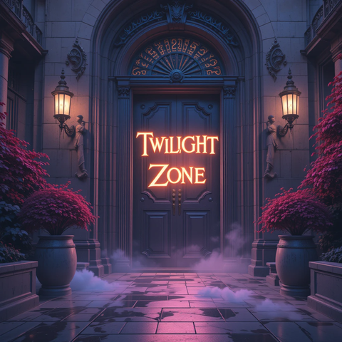 Puerta de entrada con la inscripción 'TWILIGHT ZONE', rodeada de plantas y luces cálidas, evocando un ambiente misterioso.