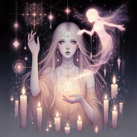 Ilustración de una figura mística con cabello largo y claro, rodeada de velas encendidas y símbolos esotéricos. Un espectro etéreo aparentemente emerge de su mano, en un ambiente oscuro y lleno de luces brillantes.