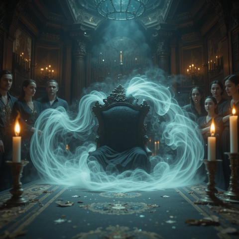 Una sala oscura con un trono vacío envuelto en humo etéreo, rodeado por figuras de personas que observan con asombro. La atmósfera está iluminada por candelabros y velas, creando un aire místico y misterioso.