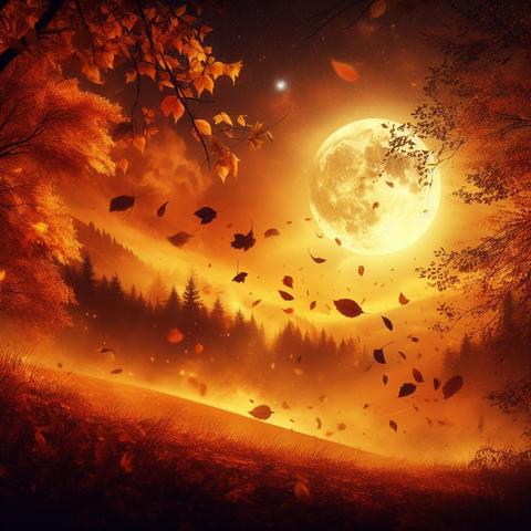 Paisaje otoñal con un cielo anaranjado iluminado por una luna brillante, árboles con hojas caídas y una atmósfera misteriosa.