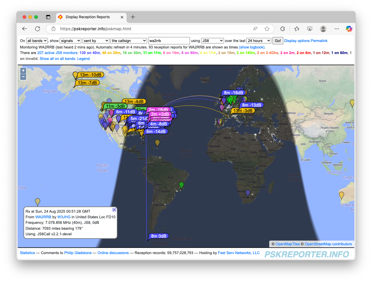 a map of the world showing I am reaching the tip of South America and Eastern Europe and Alaska tonight from Rochester NY using my "ham" radio and the JS8 protocol