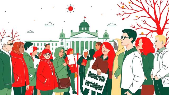 Eine Illustration zeigt eine vielfältige Gruppe von Menschen, die vor einem großen Regierungsgebäude demonstrieren. Sie halten Schilder hoch und tragen Kleidung in verschiedenen Farben. Der Hintergrund zeigt einen roten Baum mit roten Blättern und einen strahlenden Sonnenschein. Das Hauptthema des Bildes ist die Demonstration für die Demokratie. Auf einem Schild steht "Demokratie verteidigen"