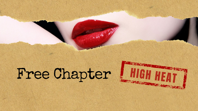 A book cover is obscured by a plain brown wrapper. A tear in the paper reveals a close-up of a pair of plump red female lips set in a pale white face. The bottom half of the wrapper says "Free Chapter" and is stamped in red ink that says "High Heat".