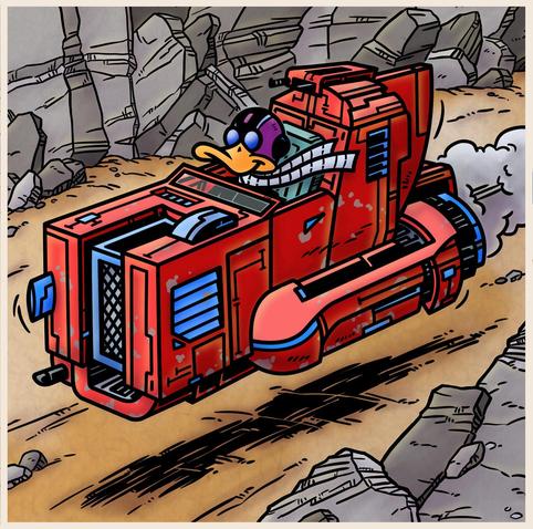 Anthropomorphic duck with a yellow beak wearing a purple flying helmet with blue goggles and a white scarf with thin black stripes. It is sitting in the cockpit of a single seat flying car. The car is red with blue and grey accents and a green seat. There is grey smoke coming from it’s rocket engines as it skims above the sandy floor of a rocky canyon.