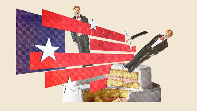 An artist’s rendition of a wedding cake, partially broken with two dolls breaking on the top and the Stars and Stripes - partial in the background.