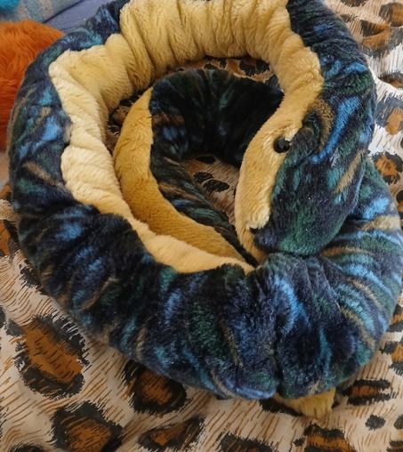 a plushie snake curled up in a circle