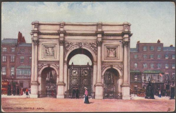 Printed colour postcard showing a view of the Marble Arch in London.

Published by Raphael Tuck & Sons, Oilette, No 6195.

Postally used in September 1904 with single circle London NW cancellation, stamp removed, and sent to Miss Mosey, St Michaels Villa, De Cham Road, St Leonards on Sea, Sussex.

Good condition, with some corner bumps and light album marks.
