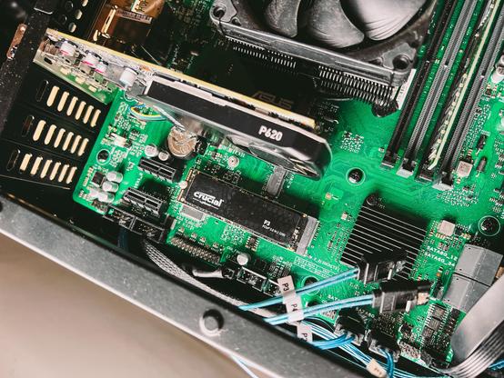 Inside of my new storage server. Green motherboard with a Crucial NVMe SSD in an m.2 slot. A P620 GPU in the PCIe slot. Thin blue sata cables to the bottom of the frame.