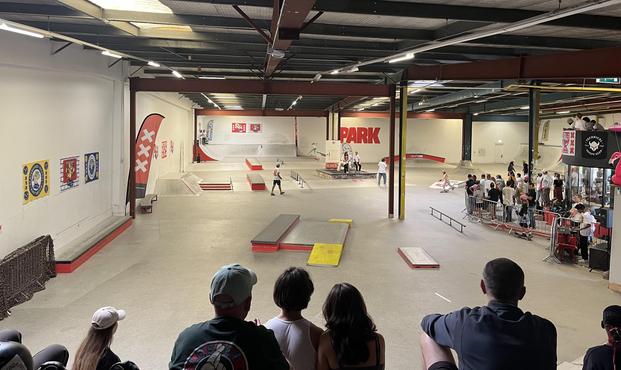 Amsterdam PARK skatepark grime the top corner. The contest is organized by Skateschool Amsterdam.