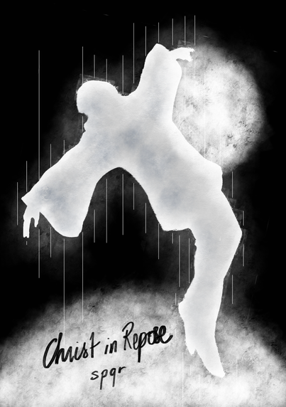Under the black background of the space sky, there is the glowing white silhouette of Luke Skywalker suspended in the air like jesus christ down from the cross. Since it's a fanfiction cover, the title "Christ in Repose" and author name "spqr" have been written in a cursive script.