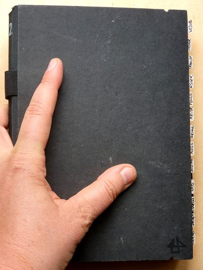 Foto einer Hand auf einem schwarzen Skizzenbuch mit kleinen Haftnotizen die am rechten Rand hervorkucken.