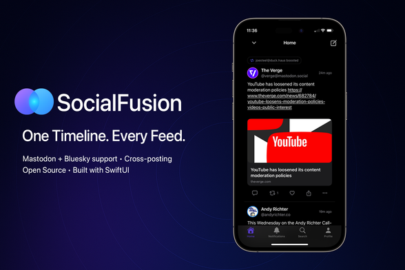 Promotional graphic for SocialFusion, an open-source SwiftUI app that combines Mastodon and Bluesky feeds into one timeline. On the left, the SocialFusion logo and tagline read: “One Timeline. Every Feed.” with supporting text: “Mastodon + Bluesky support · Cross-posting · Open Source · Built with SwiftUI.” On the right, a smartphone screen displays the app’s dark mode interface, showing a Mastodon post from The Verge, followed by a Bluesky post from Andy Richter.