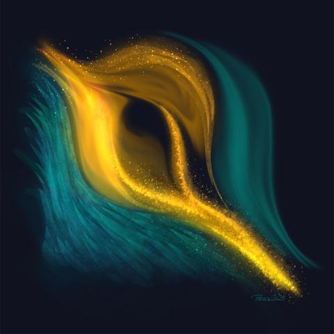watercolour; dark blue background with a wave going down diagonally from top left to bottom right, it's split by a yellow wave in 2 bulbous halves .