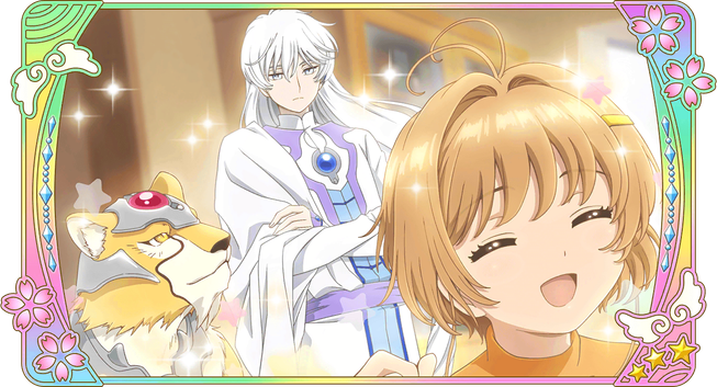 The image is a digitally created card featuring characters from the anime Cardcaptor Sakura: Clear Card. The central focus is on Sakura Kinomoto, who is depicted smiling broadly and happily. Behind her stands Yue, appearing calm and somewhat aloof. To Sakura's left is Keroberos (Kero), in his armored form, also looking toward the viewer.