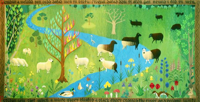 A British tapestry depicting the colour-changing sheep and permanently burning tree viewed by the Arthurian knight Sir Peredur (Welsh version of Sir Percival) in the Otherworld. Tapestry weaved by Martin Weatherhead.