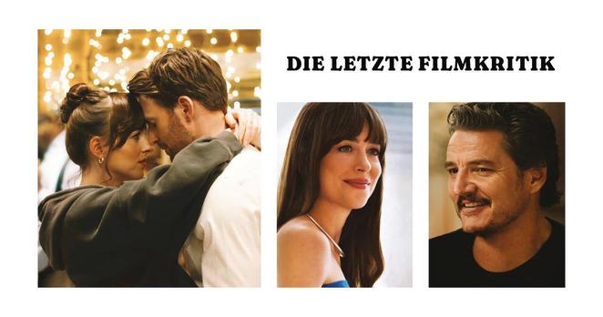 Collage aus Motiven des Films "Was ist Liebe Wert: Materialists" mit Dakota Johnson, Pedro Pascal und Chris Evans. Banner des Podcasts "Die Letzte Filmkritik".