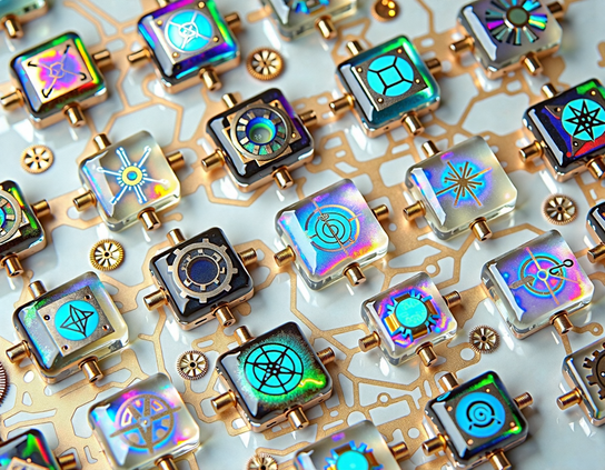 A mesmerizing array of square, glowing holographic components, arranged on a translucent circuit board with gold traces. Each  features intricate symbols and golden connectors, but none are actually attached to anything, adding an element of mystery and anticipation.