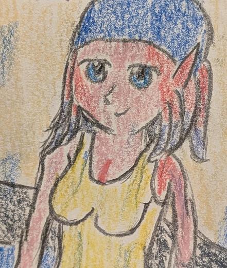 Color pencil drawing of Ayame Alba, a Mikkian woman from Star Wars, in a swimsuit and swim cap sitting on the edge of a pool with water dripping from her.